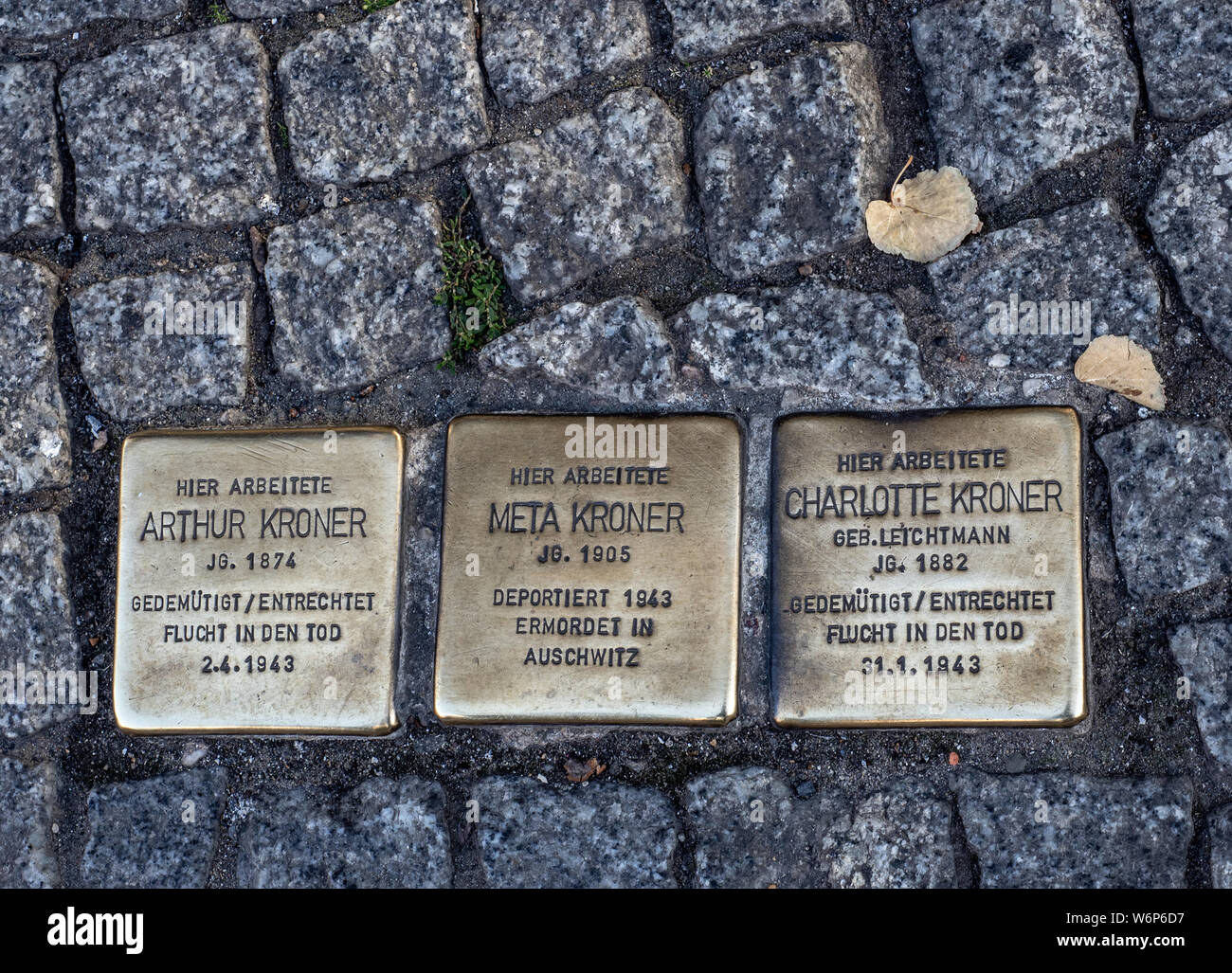 Three Stolpersteine (stumbling stones), memorial to holocaust victims, in Berlin, Germany Stock Photo
