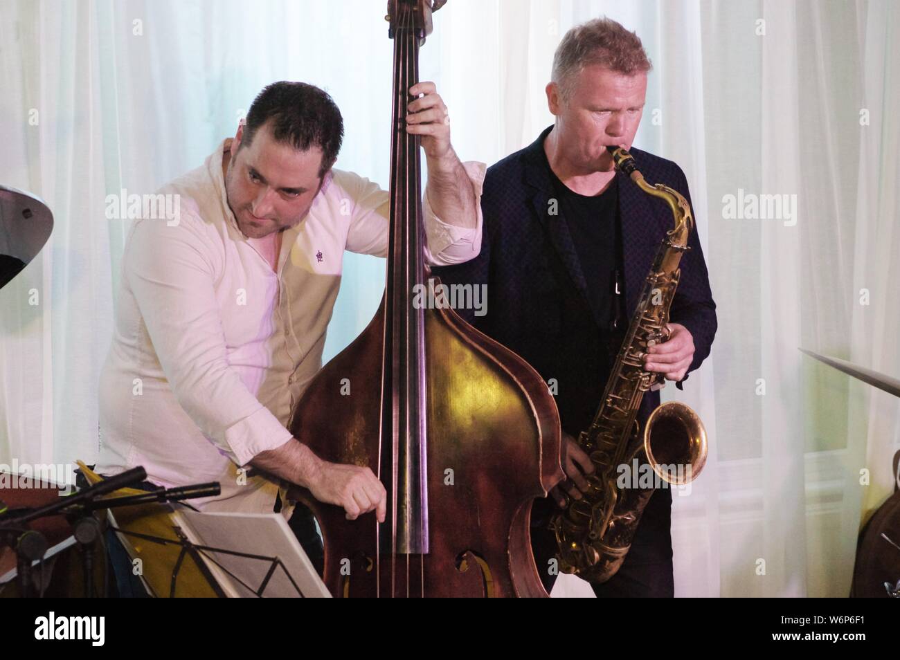Iain Ballamy and Percy Pursglove, Watermill Jazz Club, Dorking, Surrey, 2 July 2019. Stock Photo