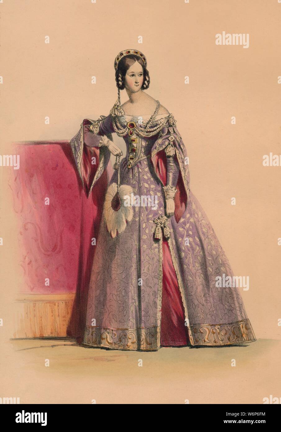 Guest in costume for Queen Victoria's Bal Costum&#xe9;, May 12 1842, (1843). Woman in a dress with slit sleeves, a jewelled bodice and headdress, holding an ostrich-feather fan. Members of the Royal Household were expected to wear dress of the Plantagenet period (c1154-1485), although other guests could wear costumes of their own choosing. The costumes were designed under the supervision of James Robinson Planch&#xe9; and were specifically intended to give work to the declining Spitalfields silk industry. The ball of 1842, held at Buckingham Palace in London, was the first of three costume bal Stock Photo