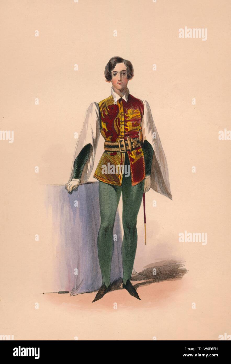 Guest in costume for Queen Victoria's Bal Costum&#xe9;, May 12 1842, (1843). Members of the Royal Household were expected to wear dress of the Plantagenet period (c1154-1485), although other guests could wear costumes of their own choosing. The costumes were designed under the supervision of James Robinson Planch&#xe9; and were specifically intended to give work to the declining Spitalfields silk industry. The ball of 1842, held at Buckingham Palace in London, was the first of three costume balls held by Queen Victoria and Albert, Prince Consort. The second, on 6 June 1845, was in early Georgi Stock Photo