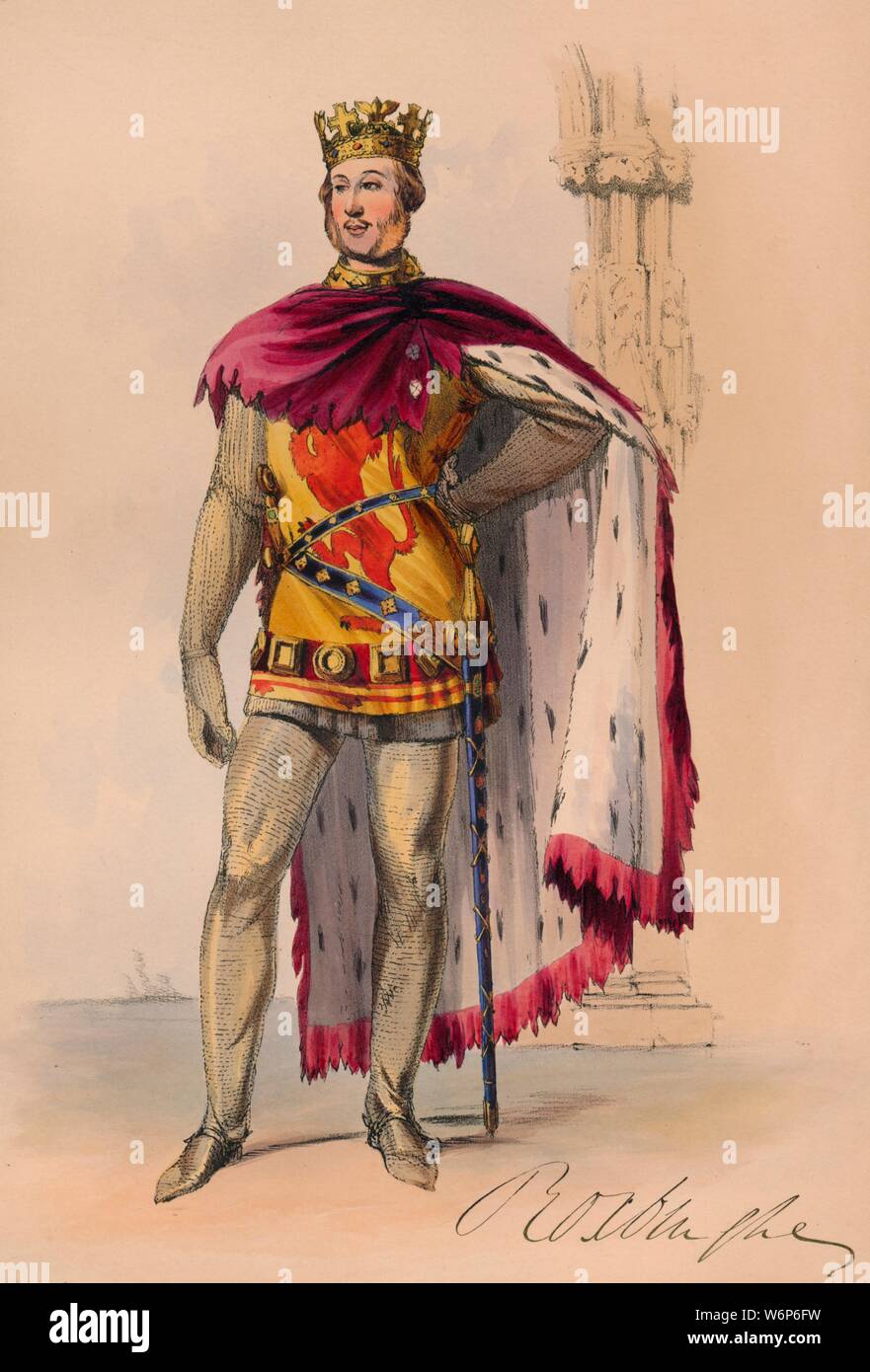 James Innes-Ker in Plantagenet costume for Queen Victoria's Bal Costume, May 12 1842, (1843). British peer James Innes-Ker, 6th Duke of Roxburghe (1816-1879) in chain mail and crown. Members of the Royal Household were expected to wear dress of the Plantagenet period (c1154-1485), although other guests could wear costumes of their own choosing. The costumes were designed under the supervision of James Robinson Planch&#xe9; and were specifically intended to give work to the declining Spitalfields silk industry. The ball of 1842, held at Buckingham Palace in London, was the first of three costum Stock Photo