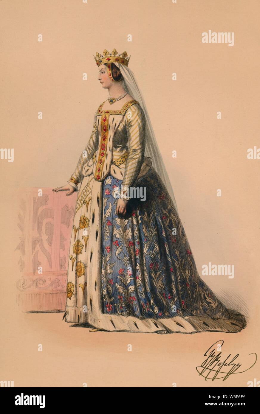 Guest in costume for Queen Victoria's Bal Costum&#xe9;, May 12 1842, (1843). Woman dressed as a queen, with veiled crown and ermine-trimmed dress. Members of the Royal Household were expected to wear dress of the Plantagenet period (c1154-1485), although other guests could wear costumes of their own choosing. The costumes were designed under the supervision of James Robinson Planch&#xe9; and were specifically intended to give work to the declining Spitalfields silk industry. The ball of 1842, held at Buckingham Palace in London, was the first of three costume balls held by Queen Victoria and A Stock Photo
