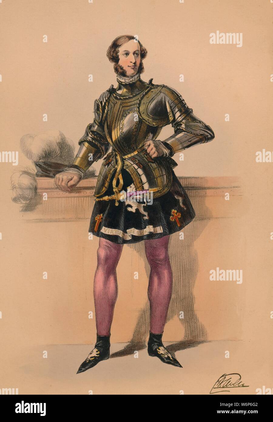 Guest in costume for Queen Victoria's Bal Costum&#xe9;, May 12 1842, (1843). Man in armoured doublet and hose. Members of the Royal Household were expected to wear dress of the Plantagenet period (c1154-1485), although other guests could wear costumes of their own choosing. The costumes were designed under the supervision of James Robinson Planch&#xe9; and were specifically intended to give work to the declining Spitalfields silk industry. The ball of 1842, held at Buckingham Palace in London, was the first of three costume balls held by Queen Victoria and Albert, Prince Consort. The second, o Stock Photo