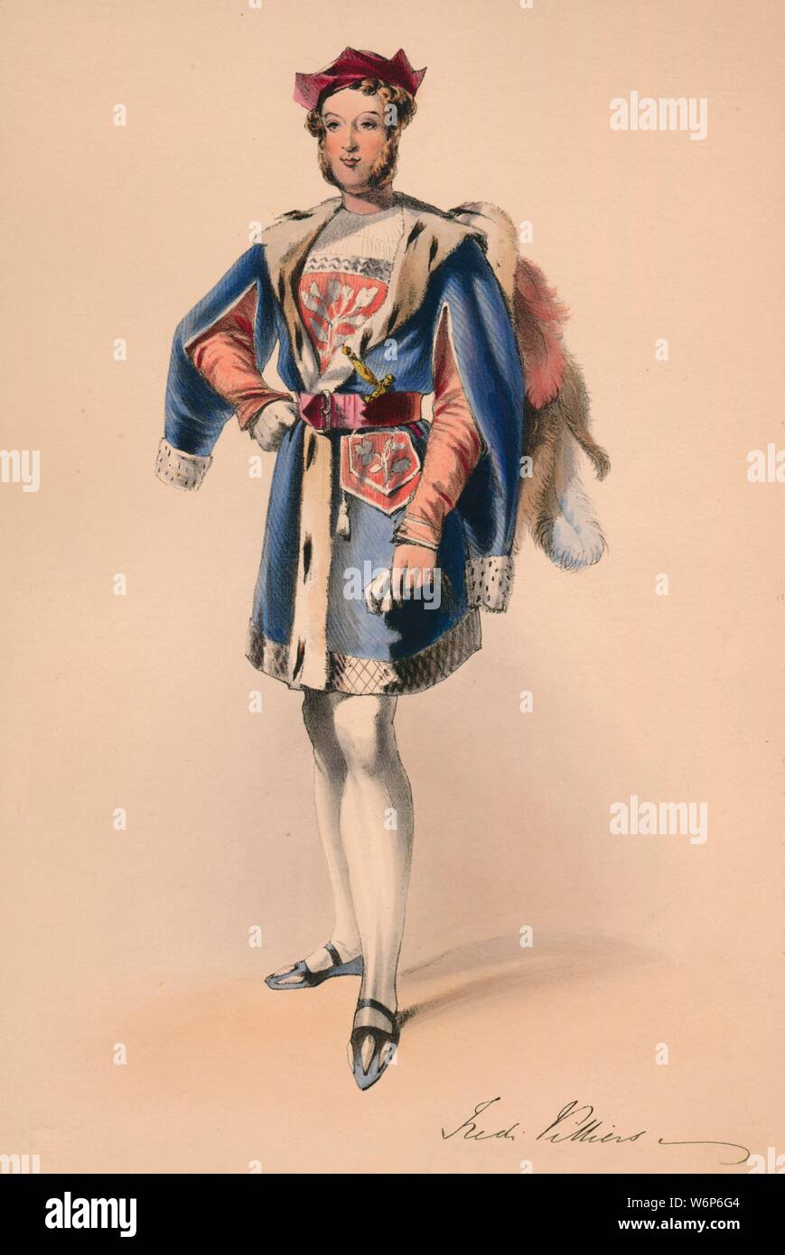Frederick Child-Villiers in costume for Queen Victoria's Bal Costum&#xe9;, May 12 1842, (1843). British politician Frederick Child-Villiers (1815-1871) as Guy de la Motte. Members of the Royal Household were expected to wear dress of the Plantagenet period (c1154-1485), although other guests could wear costumes of their own choosing. The costumes were designed under the supervision of James Robinson Planch&#xe9; and were specifically intended to give work to the declining Spitalfields silk industry. The ball of 1842, held at Buckingham Palace in London, was the first of three costume balls hel Stock Photo