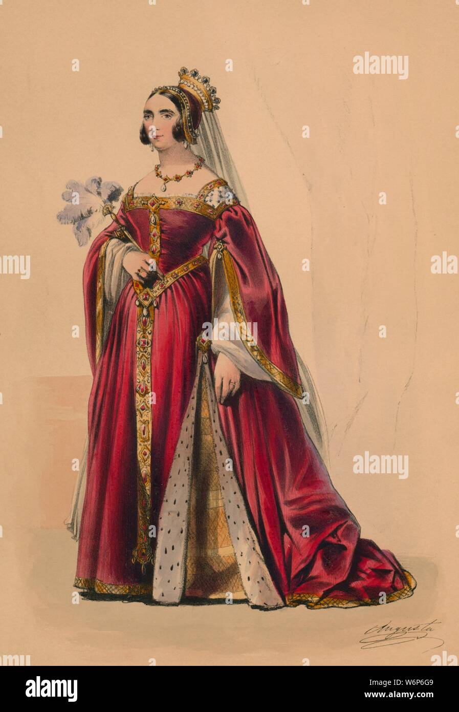 Guest in costume for Queen Victoria's Bal Costum&#xe9;, May 12 1842, (1843). Guest, possibly Princess Augusta of Saxe-Weimar-Eisenach (1811-1890), wearing a crown, a jewelled and fur-trimmed dress, and holding an ostrich-feather fan. Members of the Royal Household were expected to wear dress of the Plantagenet period (c1154-1485), although other guests could wear costumes of their own choosing. The costumes were designed under the supervision of James Robinson Planch&#xe9; and were specifically intended to give work to the declining Spitalfields silk industry. The ball of 1842, held at Bucking Stock Photo