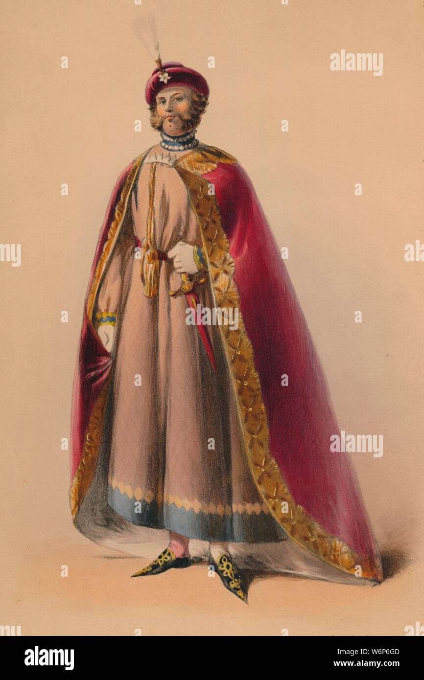 Guest in costume for Queen Victoria's Bal Costum&#xe9;, May 12 1842, (1843). Members of the Royal Household were expected to wear dress of the Plantagenet period (c1154-1485), although other guests could wear costumes of their own choosing. The costumes were designed under the supervision of James Robinson Planch&#xe9; and were specifically intended to give work to the declining Spitalfields silk industry. The ball of 1842, held at Buckingham Palace in London, was the first of three costume balls held by Queen Victoria and Albert, Prince Consort. The second, on 6 June 1845, was in early Georgi Stock Photo