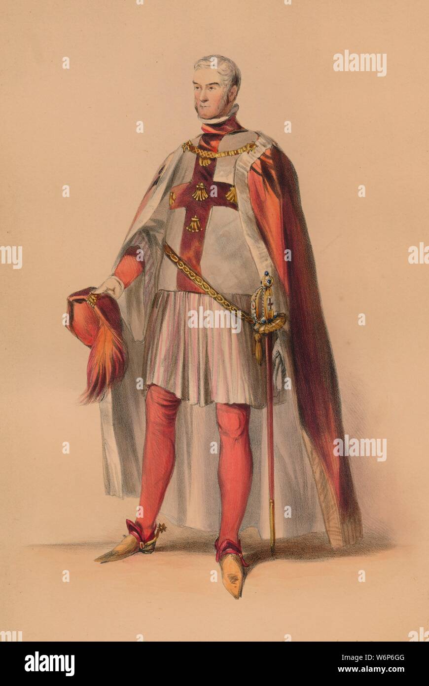 Guest in costume for Queen Victoria's Bal Costum&#xe9;, May 12 1842, (1843). Man in a cloak with the Maltese cross symbol on his tabard. Members of the Royal Household were expected to wear dress of the Plantagenet period (c1154-1485), although other guests could wear costumes of their own choosing. The costumes were designed under the supervision of James Robinson Planch&#xe9; and were specifically intended to give work to the declining Spitalfields silk industry. The ball of 1842, held at Buckingham Palace in London, was the first of three costume balls held by Queen Victoria and Albert, Pri Stock Photo