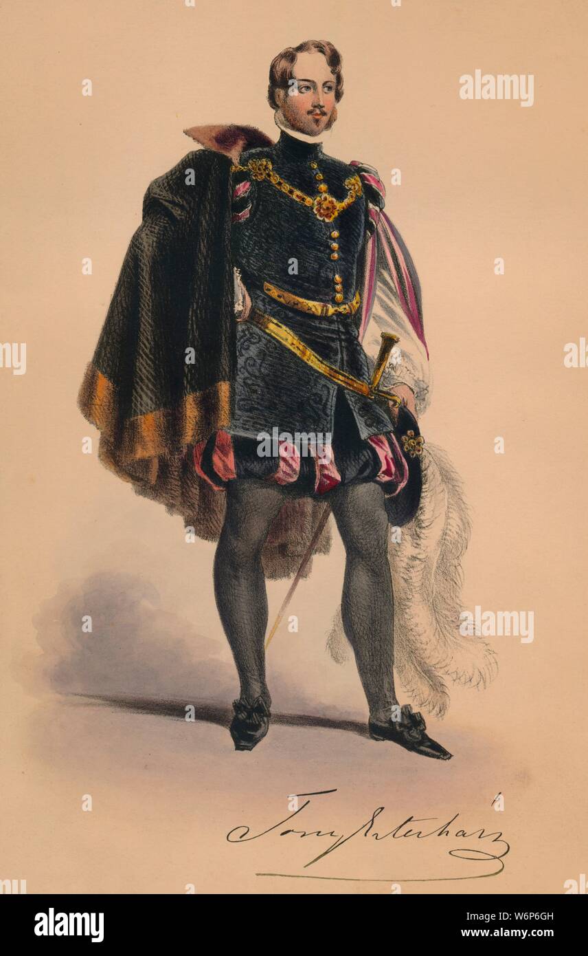 Guest in 16th century costume for Queen Victoria's Bal Costum&#xe9;, May 12 1842, (1843). Members of the Royal Household were expected to wear dress of the Plantagenet period (c1154-1485), although other guests could wear costumes of their own choosing. The costumes were designed under the supervision of James Robinson Planch&#xe9; and were specifically intended to give work to the declining Spitalfields silk industry. The ball of 1842, held at Buckingham Palace in London, was the first of three costume balls held by Queen Victoria and Albert, Prince Consort. The second, on 6 June 1845, was in Stock Photo