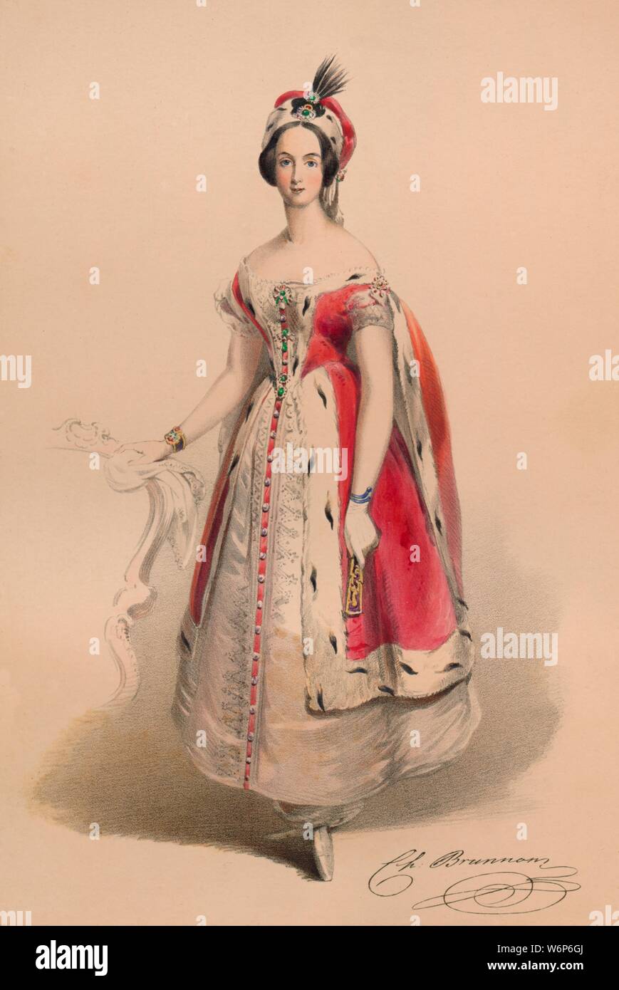 Guest in costume for Queen Victoria's Bal Costum&#xe9;, May 12 1842, (1843). Woman, possibly Charlotte de Brunnon, in an ermine-trimmed outfit with matching headdress. Members of the Royal Household were expected to wear dress of the Plantagenet period (c1154-1485), although other guests could wear costumes of their own choosing. The costumes were designed under the supervision of James Robinson Planch&#xe9; and were specifically intended to give work to the declining Spitalfields silk industry. The ball of 1842, held at Buckingham Palace in London, was the first of three costume balls held by Stock Photo