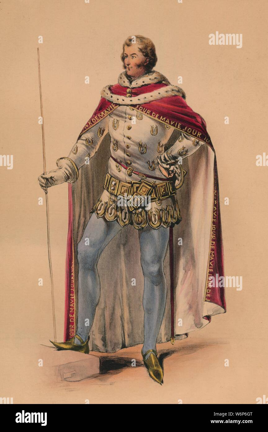 Guest in costume for Queen Victoria's Bal Costum&#xe9;, May 12 1842, (1843). Man in medieval dress, with 'Jour de ma Vie' (day of my life), repeated on the edging of his cloak. Members of the Royal Household were expected to wear dress of the Plantagenet period (c1154-1485), although other guests could wear costumes of their own choosing. The costumes were designed under the supervision of James Robinson Planch&#xe9; and were specifically intended to give work to the declining Spitalfields silk industry. The ball of 1842, held at Buckingham Palace in London, was the first of three costume ball Stock Photo