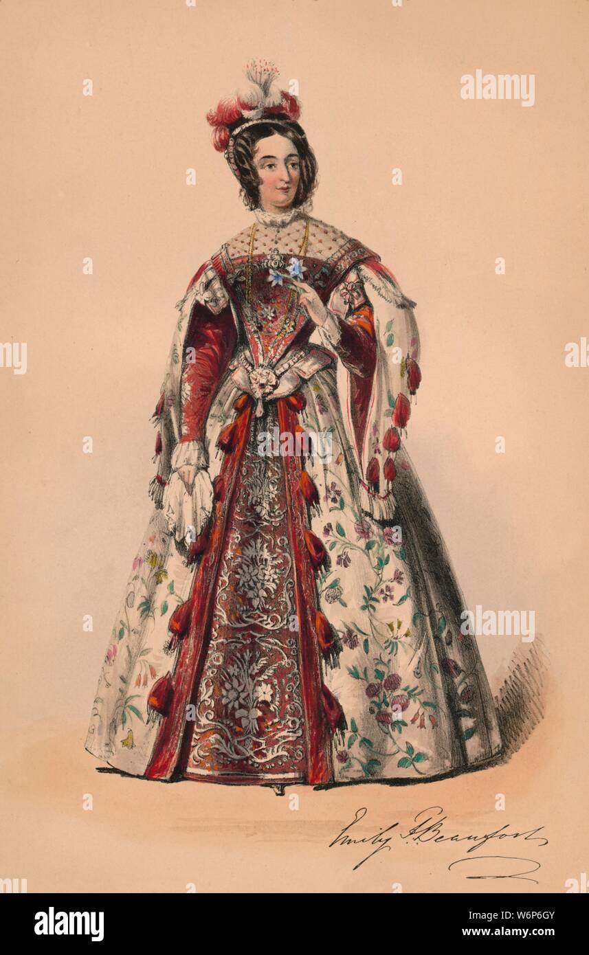 Emily Duchess of Beaufort in costume for Queen Victoria's Bal Costum&#xe9;, May 12 1842, (1843). Emily Frances (n&#xe9;e Smith), Duchess of Beaufort (1800-1889) in Elizabethan-inspired dress. Members of the Royal Household were expected to wear dress of the Plantagenet period (c1154-1485), although other guests could wear costumes of their own choosing. The costumes were designed under the supervision of James Robinson Planch&#xe9; and were specifically intended to give work to the declining Spitalfields silk industry. The ball of 1842, held at Buckingham Palace in London, was the first of thr Stock Photo