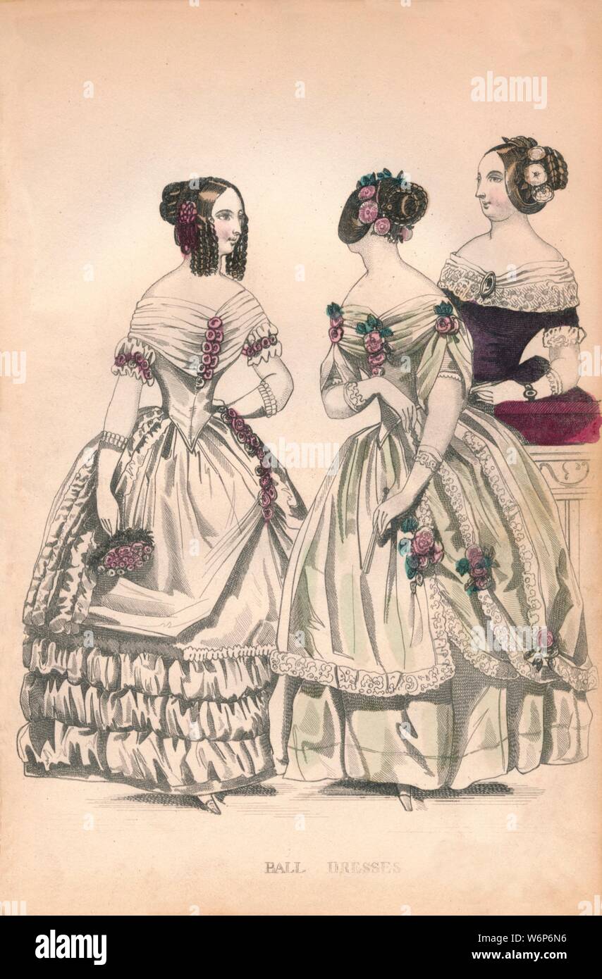 Ball Dresses', 19th century. Evening dress worn to a ball or a formal  event, usuually cut off the shoulder with low decolletage, exposed arms,  and long styled skirts Stock Photo - Alamy