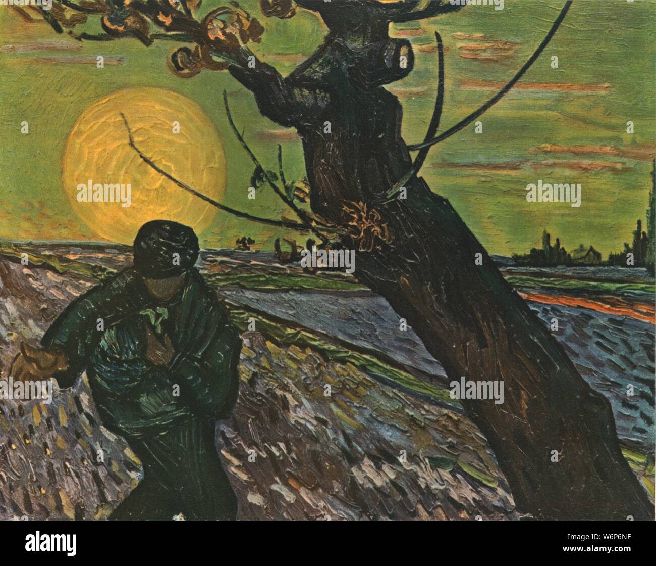 'The Sower', October 1888, (1947). Man broadcasting seed in a field against a sun low on the horizon. Painting in the Van Gogh Museum, Amsterdam. From &quot;Vincent Van Gogh&quot;, by Ludwig Goldscheider and Wilhelm Uhde. [Phaidon Press Ltd, Oxford and London, 1947] Stock Photo