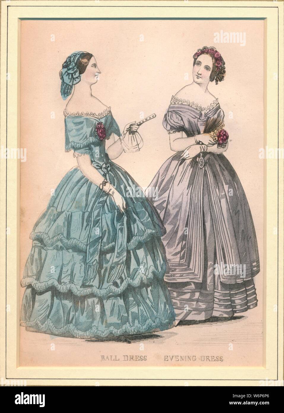 Ball Dress & Evening Dress', 19th century. Evening dress worn to a ball  or a formal event, usuually cut off the shoulder with low decolletage,  exposed arms, and long styled skirts Stock