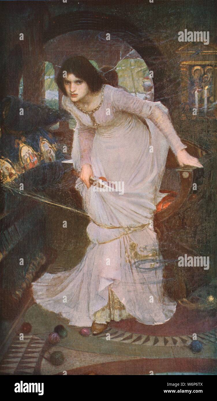 'The Lady of Shalott Looking at Lancelot', 1894, (c1930). Illustration to Tennyson's poem, &quot;The Lady of Shalott&quot;: the Lady sees 'bold Sir Launcelot' in her mirror: she goes to the window, golden yarn from the loom wrapped round her knees. The mirror through which she must view the outside world cracks 'from side to side', bringing down the curse on her. Painting in Leeds City Art Gallery, Leeds, Yorkshire. From &quot;Modern Masterpieces of British Art&quot;. [The Amalgamated Press Ltd., London, c1930] Stock Photo