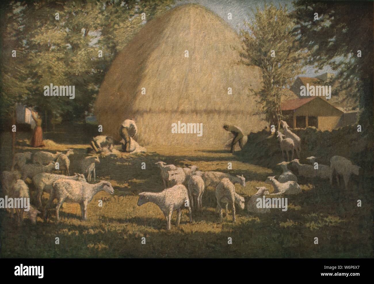 'Sheep Shearing', 1901, (c1930). Farm workers shearing sheep in front of a large haystack, with a woman hanging clothes out to dry. Painting in the Dublin City Gallery, The Hugh Lane, Dublin. From &quot;Modern Masterpieces of British Art&quot;. [The Amalgamated Press Ltd., London, c1930] Stock Photo