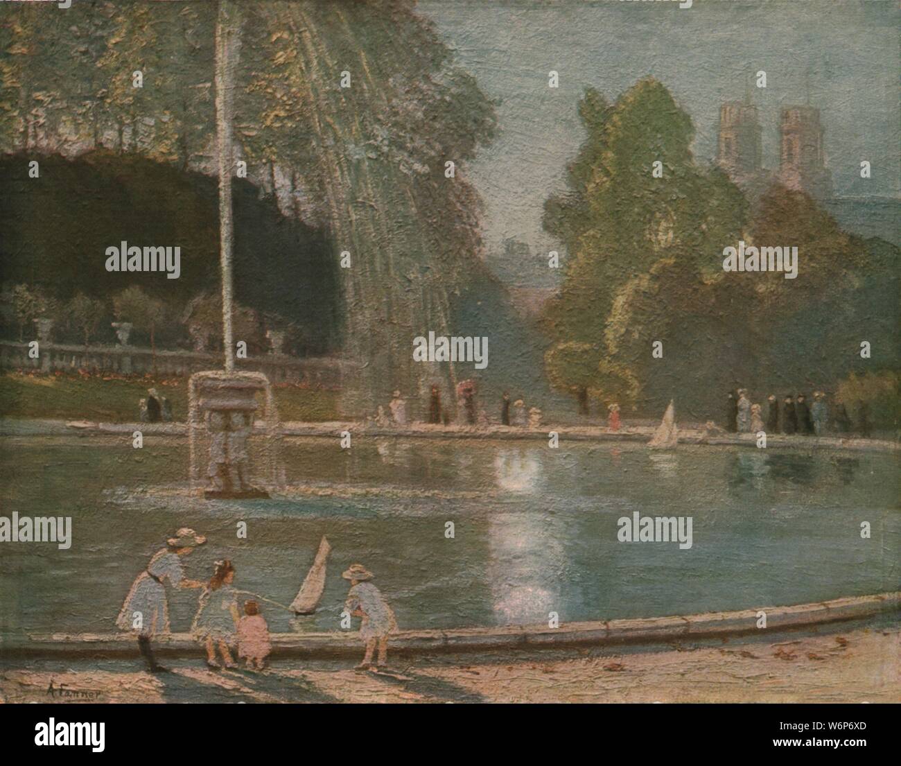 'La Fontaine', late 19th-early 20th century, (c1930). 'The Fountain': children sailing a toy boat on an ornamental lake. Painting in the Dudley Museum and Art Gallery, West Midlands. From &quot;Modern Masterpieces of British Art&quot;. [The Amalgamated Press Ltd., London, c1930] Stock Photo