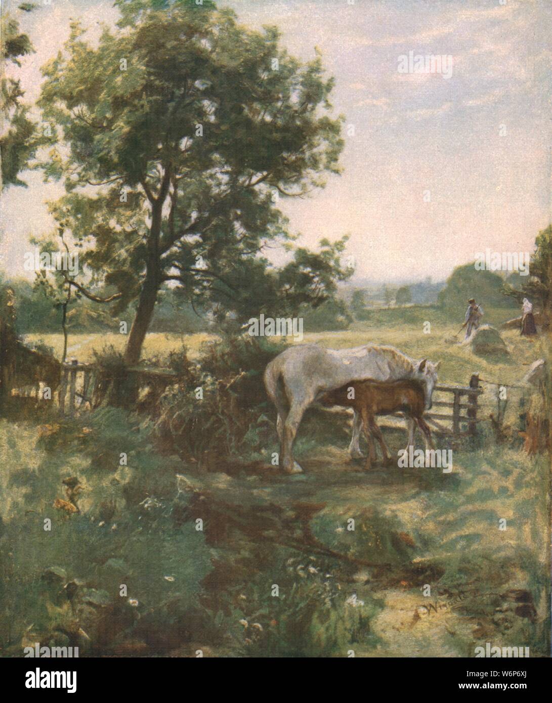 'Summertime', late 19th-early 20th century, (c1930). Mare and foal in the shade, with farm workers in the distance. From &quot;Modern Masterpieces of British Art&quot;. [The Amalgamated Press Ltd., London, c1930] Stock Photo