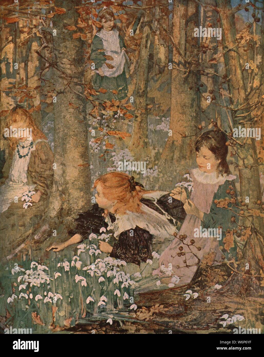 'The Coming of Spring', 1899, (c1930). A group of girls celebrate the coming of Spring, indicated by the snowdrops in the foreground. Painting in the Glasgow Museums Service collection, Glasgow, Scotland. From &quot;Modern Masterpieces of British Art&quot;. [The Amalgamated Press Ltd., London, c1930] Stock Photo
