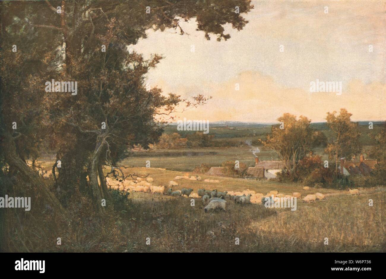 'The Golden Valley', c1893, (c1930). Rural scene, sheep in a field in the glow of early evening, with smoke curling from a cottage chimney. Painting in the Leeds Art Gallery, Leeds, Yorkshire. From &quot;Modern Masterpieces of British Art&quot;. [The Amalgamated Press Ltd., London, c1930] Stock Photo