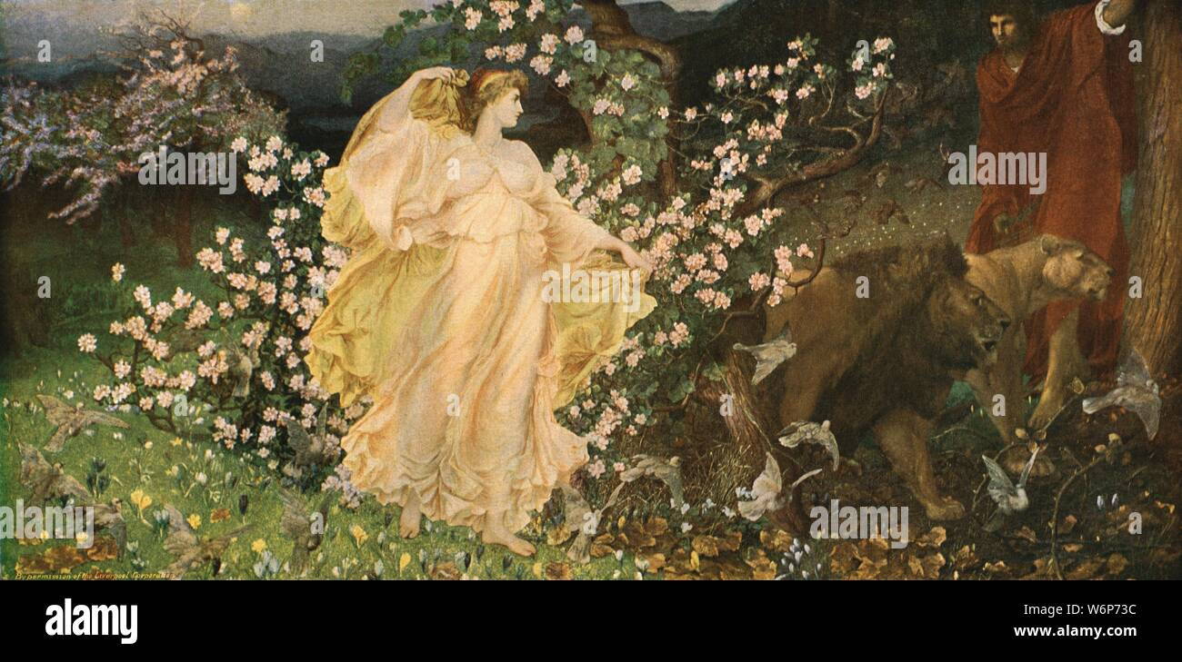 'Venus and Anchises', c1889-1890, (c1930). Illustration to the &quot;Epipsychidion&quot;, a poem by Percy Bysshe Shelley, depicting the illicit meeting of Venus, goddess of love, and her earthly lover, the shepherd Anchises. The penalty for mortals for looking at a god or goddess was to be turned to stone. As Venus walks, accompanied by lions and a flight of doves, she turns autumn leaves into spring flowers and apple blossom, and night becomes day. Painting in the Walker Art Gallery, Liverpool. From &quot;Modern Masterpieces of British Art&quot;. [The Amalgamated Press Ltd., London, c1930] Stock Photo