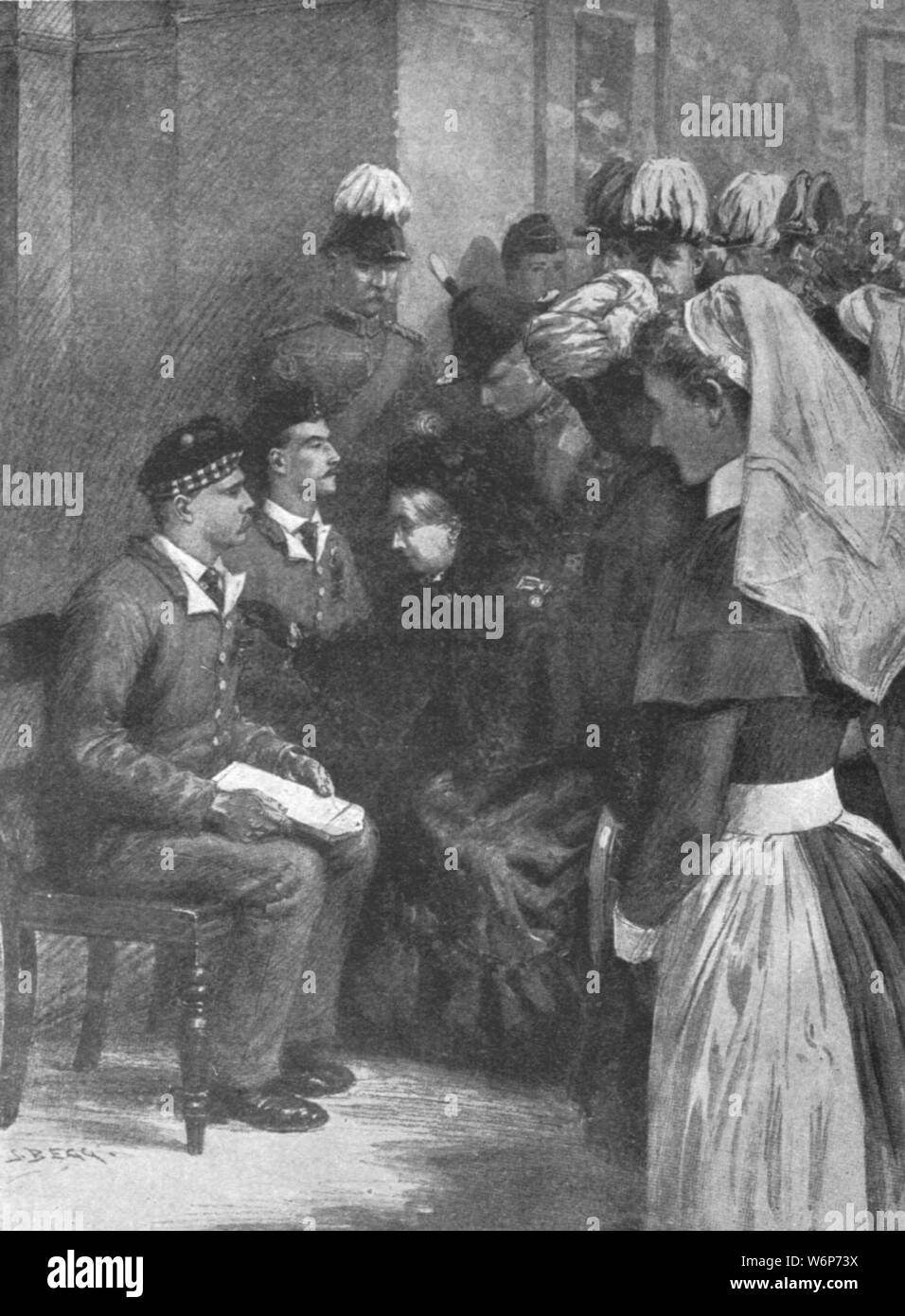 'Queen Victoria conferring the Victoria Cross on heroes of Dargai at Netley Hospital, May 14, 1898', (1901). Victoria (1819-1901) presents awards for bravery to injured men of the British Army who fought in the Indian northwestern province, (now Pakistan). From &quot;The Illustrated London News Record of the Glorious Reign of Queen Victoria 1837-1901: The Life and Accession of King Edward VII. and the Life of Queen Alexandra&quot;. [London, 1901] Stock Photo
