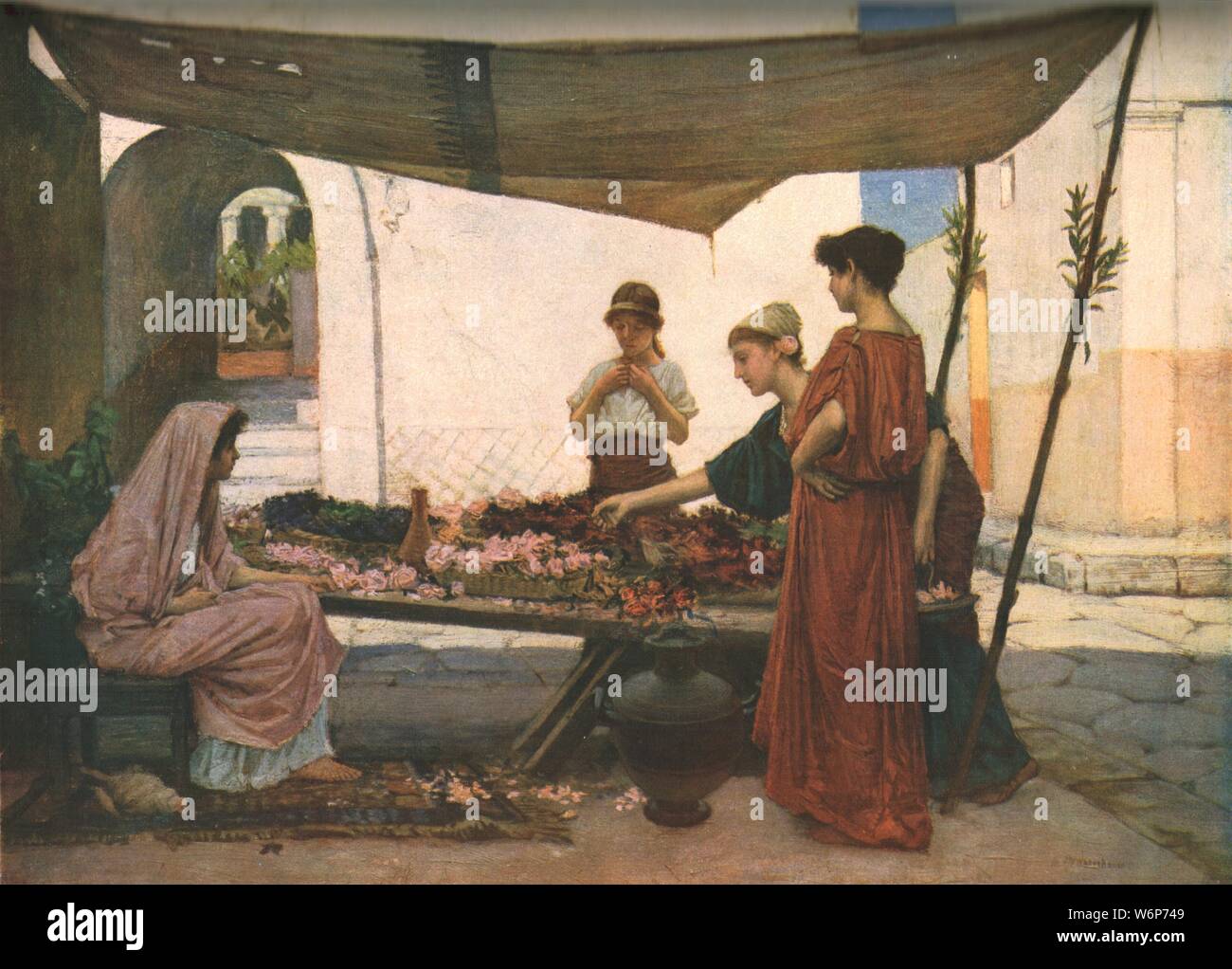 'A Grecian Flower Market', c1880, (c1930). Scene in Ancient Greece: women at a stall selling flowers. Painting in the Laing Art Gallery, Newcastle upon Tyne, Tyne &amp; Wear. From &quot;Modern Masterpieces of British Art&quot;. [The Amalgamated Press Ltd., London, c1930] Stock Photo