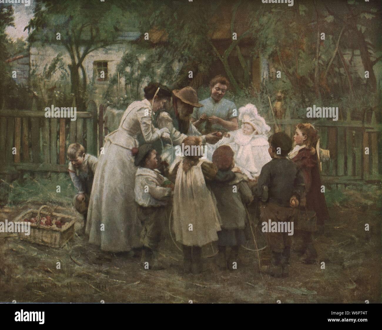 'The Young Laird', c1900, (c1930). A group of Scottish estate workers crowd round to admire their landlord's young son, who is dressed in an elaborate white outfit. An elderly man offers the child an apple, as a hungry boy eyes the basket. Painting in the Gallery Oldham, Greater Manchester. From &quot;Modern Masterpieces of British Art&quot;. [The Amalgamated Press Ltd., London, c1930] Stock Photo