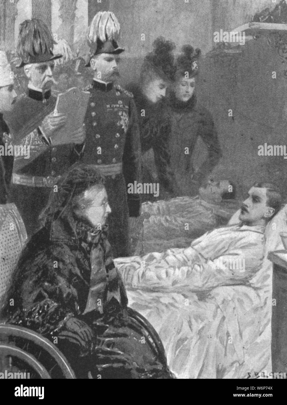 'Queen Victoria at Netley Hospital visiting Soldiers wounded in the Indian Frontier campaigns, December 3, 1898', (1901). Victoria (1819-1901) with injured men of the British Army, recovering in a hospital near Southampton, Hampshire. From &quot;The Illustrated London News Record of the Glorious Reign of Queen Victoria 1837-1901: The Life and Accession of King Edward VII. and the Life of Queen Alexandra&quot;. [London, 1901] Stock Photo