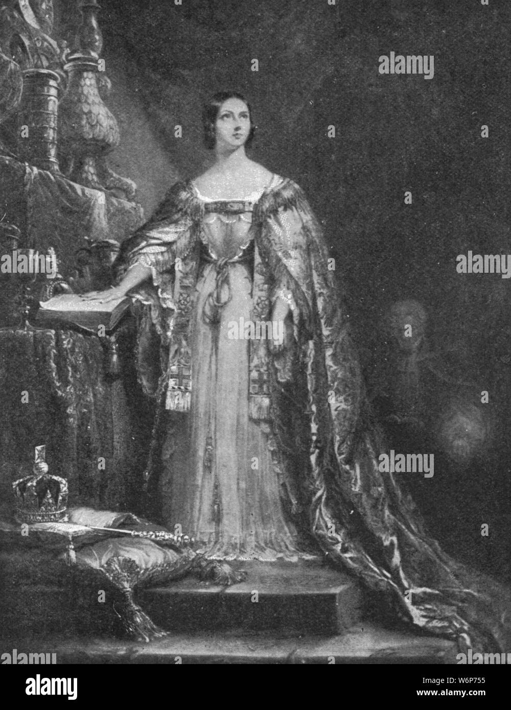 'Taking the Oath to maintain the Protestant Faith at her Coronation, June 28th, 1838', (1901). Victoria (1819-1901), Queen of the United Kingdom of Great Britain and Ireland, ruled from 1837 until her death. From &quot;The Illustrated London News Record of the Glorious Reign of Queen Victoria 1837-1901: The Life and Accession of King Edward VII. and the Life of Queen Alexandra&quot;. [London, 1901] Stock Photo