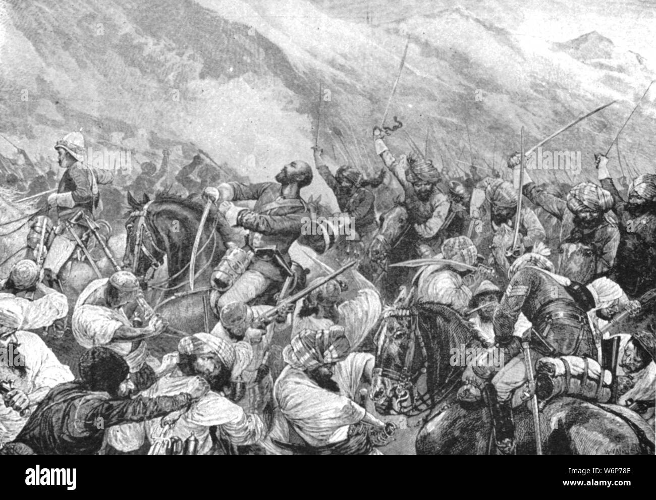 'The Afghan War, 1879: The Death of Major Wigram Battye in the Battle of Futtehabad, April 2', (1901). British soldier Major Wigram Battye (1842-1879) of the Punjab Frontier Force was shot in the chest and thigh while charging Kugiani tribesmen at the village of Khuja near Futtehabad (or Fatehabad) in Afghanistan. His orderly later reported; 'I called to Wigram, &quot;You are wounded; you had better stop.&quot; Wigram said &quot;Keep quiet&quot;, charged, and killed four men before he was killed'. From &quot;The Illustrated London News Record of the Glorious Reign of Queen Victoria 1837-1901: Stock Photo
