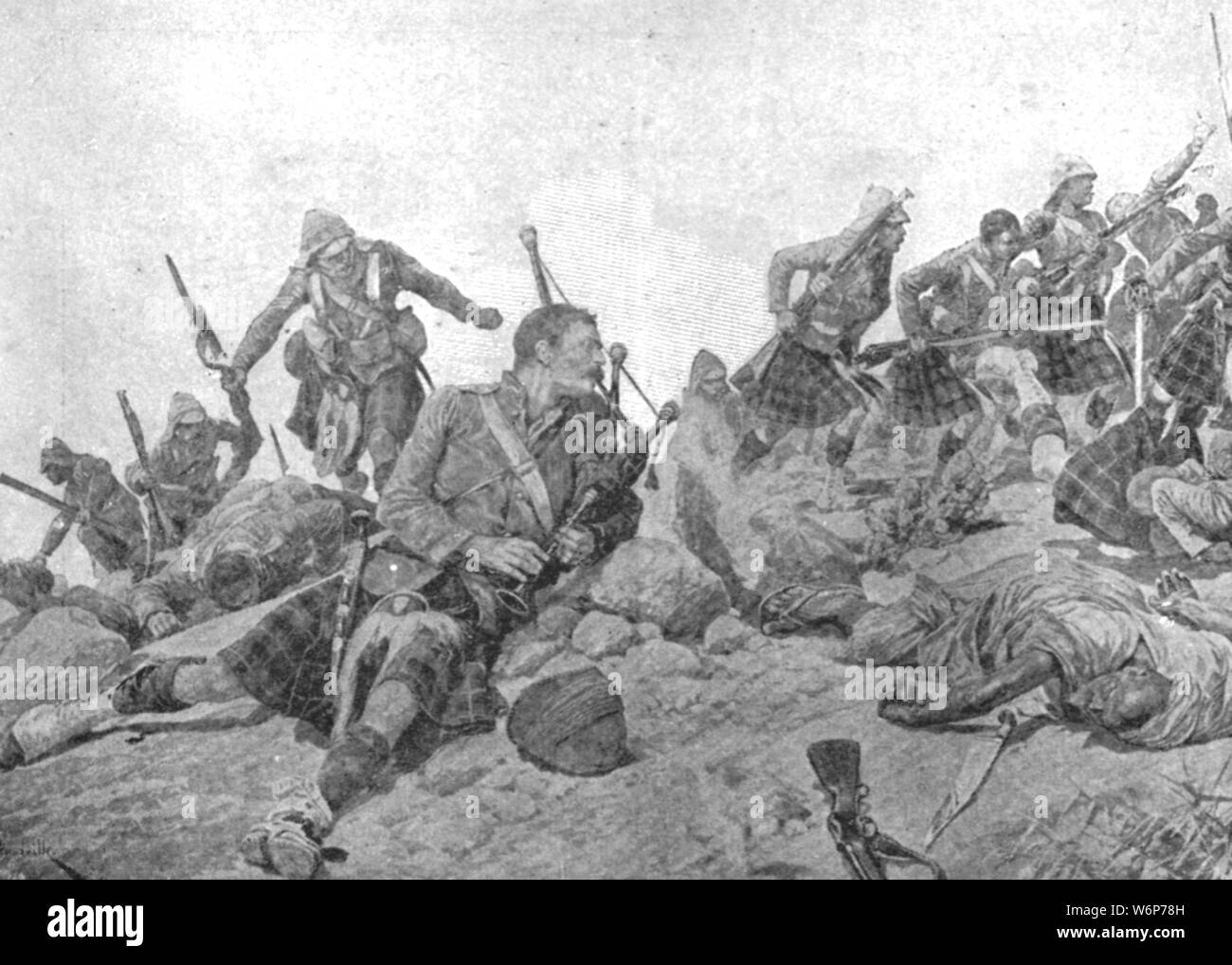 'The Indian Frontier War, 1897: The Storming of the Dargai Ridge by the Gordon Highlanders, October 20', (1901). Fighting between British troops and Afridi tribesmen on the North-West Frontier (a province of British India and later of Pakistan), during the Tirah Campaign. Four Victoria Crosses were awarded after the action. One of the recipients was piper George Findlater who continued to play to encourage his battalion's advance, despite having been wounded. From &quot;The Illustrated London News Record of the Glorious Reign of Queen Victoria 1837-1901: The Life and Accession of King Edward V Stock Photo
