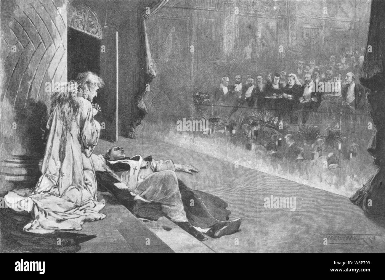 'Henry Irving and Ellen Terry in Tennyson's &quot;Becket&quot; at Windsor Castle', 1893, (1901). Actors Henry Irving (as Thomas Becket) and Ellen Terry (as Rosamund) performed in &quot;Becket&quot; by Alfred Lord Tennyson, in front of Queen Victoria on 18 March 1893. From &quot;The Illustrated London News Record of the Glorious Reign of Queen Victoria 1837-1901: The Life and Accession of King Edward VII. and the Life of Queen Alexandra&quot;. [London, 1901] Stock Photo