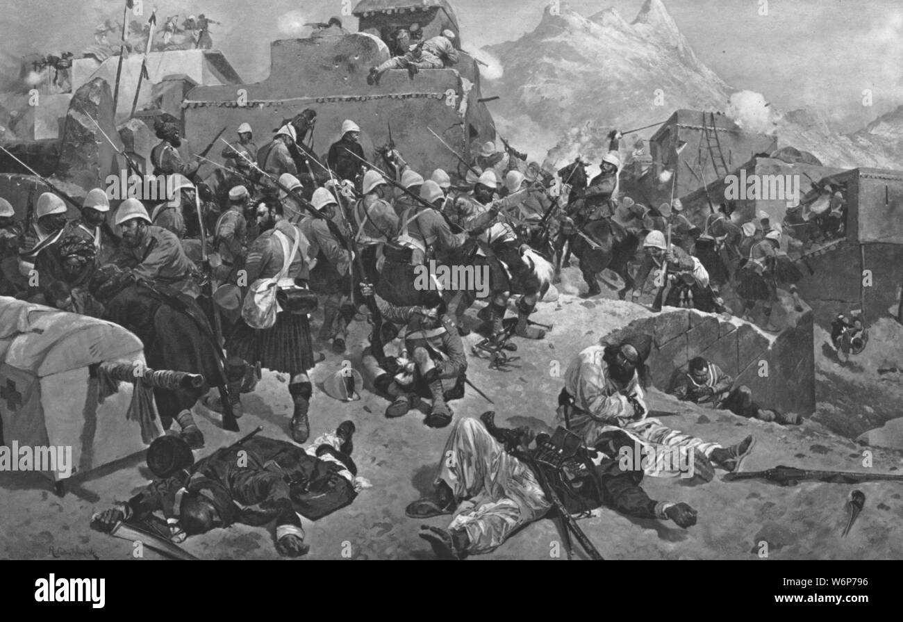 'The Afghan War, 1878-80: 91st Highlanders and the 2nd Gurkas storming Gandia Mullah', (1901). Episode during the Battle of Kandahar in the Second Anglo-Afghan War in Afghanistan: 92nd Highlanders and 2nd Gurkhas storming the village of Gundi Mulla Sahibdad, 1 September 1880. From &quot;The Illustrated London News Record of the Glorious Reign of Queen Victoria 1837-1901: The Life and Accession of King Edward VII. and the Life of Queen Alexandra&quot;. [London, 1901] Stock Photo