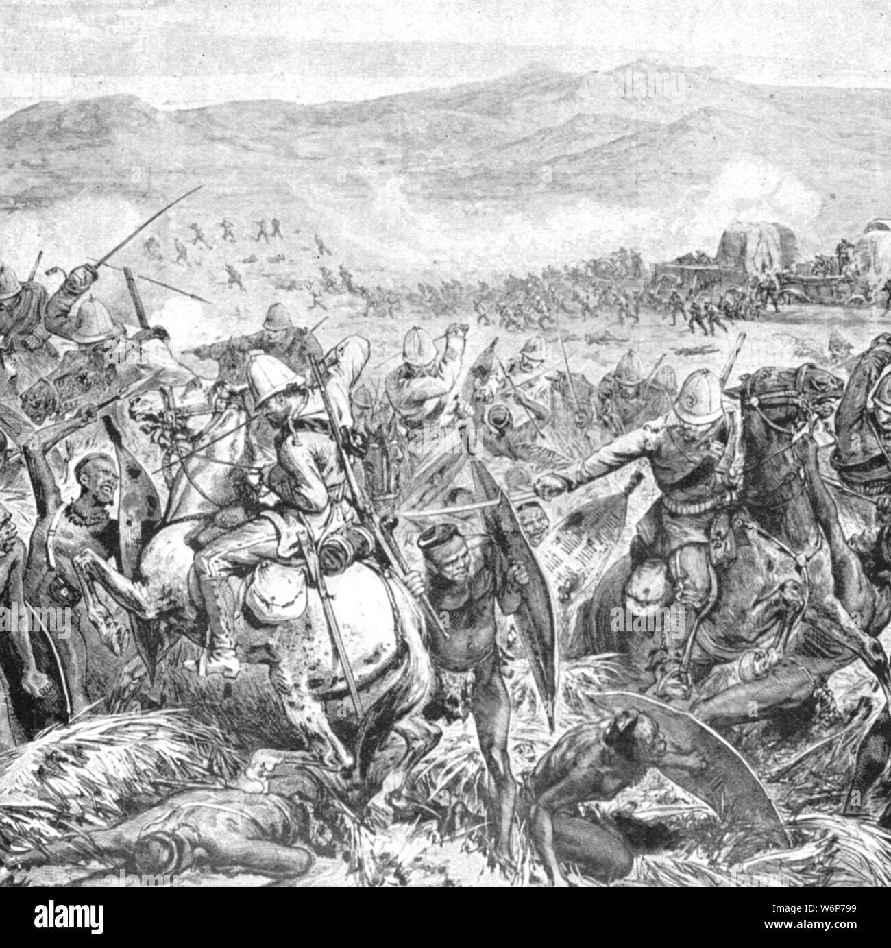 'The Zulu War, 1879: The final repulse of the Zulus at Ginghilovo, April 2', (1901). The Battle of Gingindlovu (in what is now South Africa) was fought between British soldiers and sailors, and Zulu warriors of King Cetshwayo. From &quot;The Illustrated London News Record of the Glorious Reign of Queen Victoria 1837-1901: The Life and Accession of King Edward VII. and the Life of Queen Alexandra&quot;. [London, 1901] Stock Photo