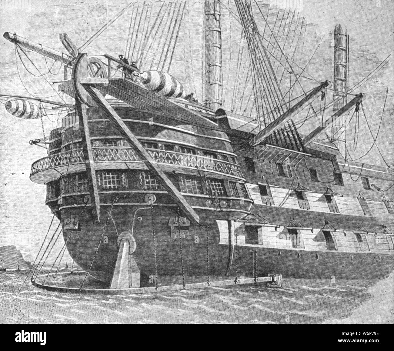 'The Laying of the Atlantic Cable, 1857: H.M.S. 'Agamemnon' fitted with the machine for passing the coil overboard', (1901). HMS 'Agamemnon' was the first warship to be built with screw propulsion. After being converted she was involved in the first attempts to lay the transatlantic telegraph cable in 1857-1858. The third attempt succeeded but the cable only remained operational for a few weeks before its insulation deteriorated. The cable would not be permanently established until the 'Great Eastern' accomplished the task in 1866. From &quot;The Illustrated London News Record of the Glorious Stock Photo