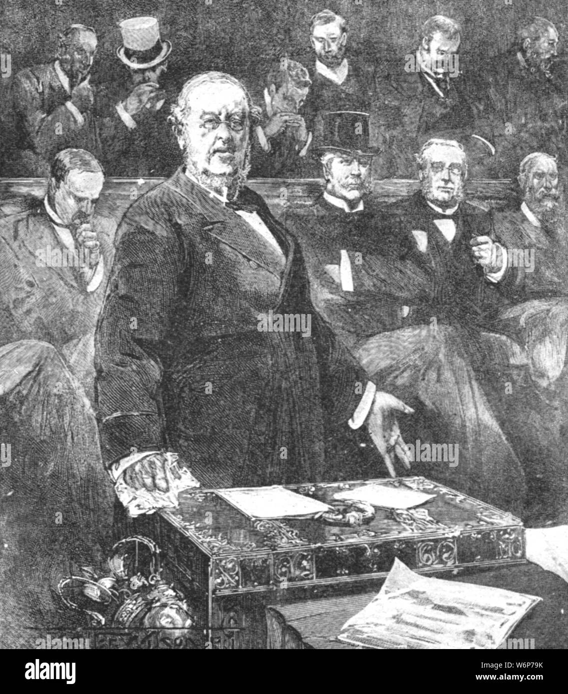 'Sir William Harcourt announcing the resignation of Lord Rosebery's government, June 24, 1895', (1901). British Liberal statesman William Vernon Harcourt (1827-1904) making an announcement in the House of Commons in London. The Liberal government of Archibald Primrose, 5th Earl of Rosebery, was succeeded by that of Conservative Robert Gascoyne-Cecil, 3rd Marquess of Salisbury. Harcourt first entered Parliament as a Liberal Member for Oxford in 1868. He served in Gladstone's governments as Home Secretary (1880-1885) and as Chancellor of the Exchequer (1886, 1892-1895). He was Leader of the Libe Stock Photo