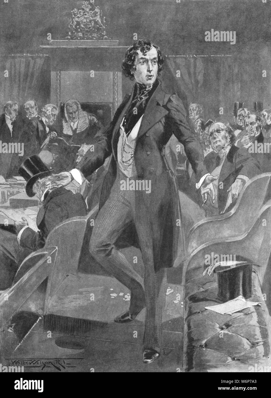 'Disraeli's First Speech in the House of Commons', London, 7 December 1837,(1901). British Conservative statesman Benjamin Disraeli (1804-1881) was elected Tory MP for Maidstone in 1837. He went on to become one of the foremost British statesmen of the Victorian era, serving as Prime Minister in 1868 and from 1874-1880. From &quot;The Illustrated London News Record of the Glorious Reign of Queen Victoria 1837-1901: The Life and Accession of King Edward VII. and the Life of Queen Alexandra&quot;. [London, 1901] Stock Photo