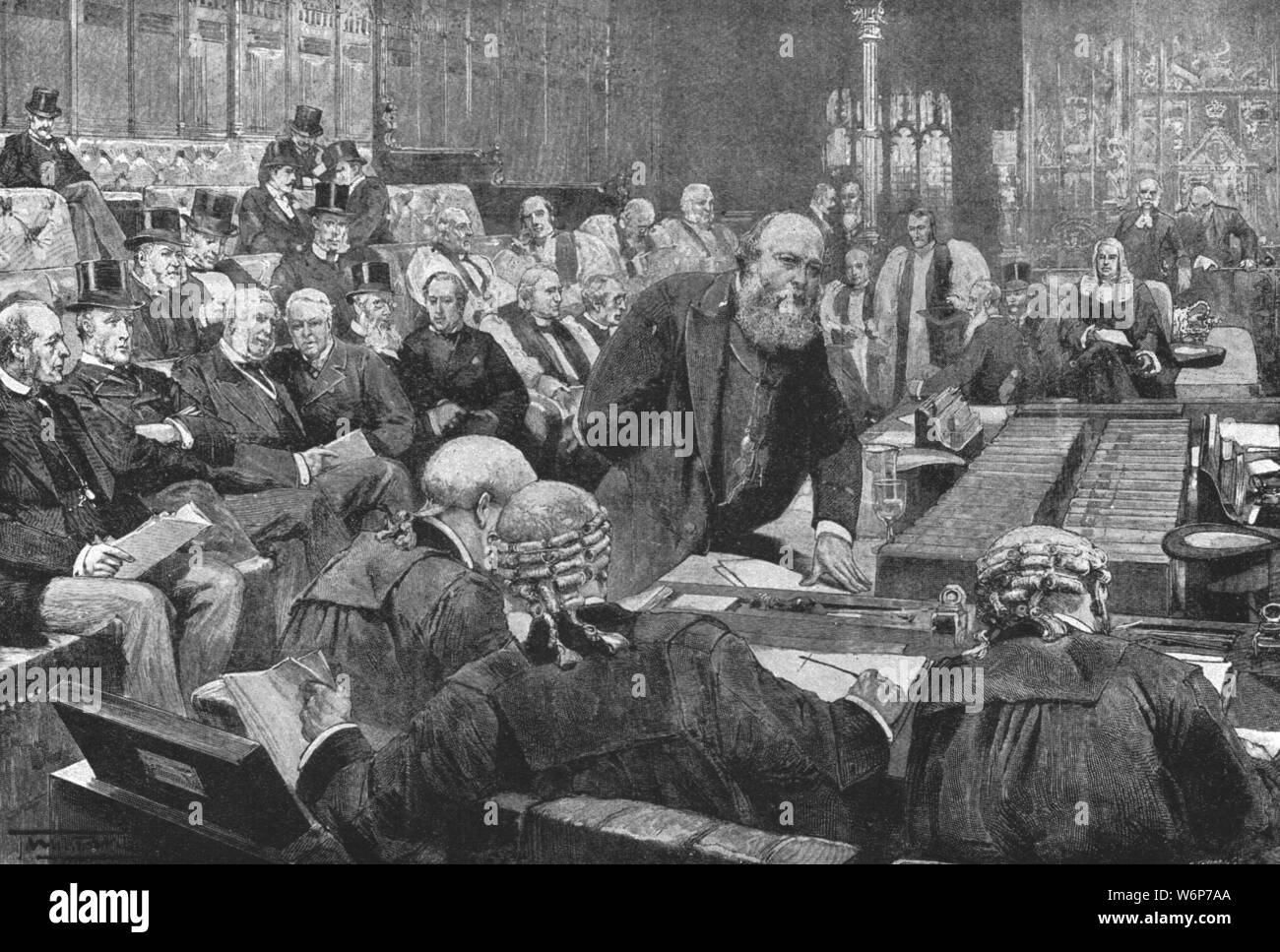 'The Ministerial Bench of the House of Lords, 1886-1892', (1901). Scene in the Palace of Westminster in London, during the final term of the Marquis of Salisbury as prime minister (1886-1892). British Conservative politican Robert Arthur Talbot Gascoyne-Cecil, 3rd Marquis of Salisbury (1830-1903) served as prime minister three times for a total of over thirteen years. He was the last prime minister to head his full administration from the House of Lords. From &quot;The Illustrated London News Record of the Glorious Reign of Queen Victoria 1837-1901: The Life and Accession of King Edward VII. a Stock Photo