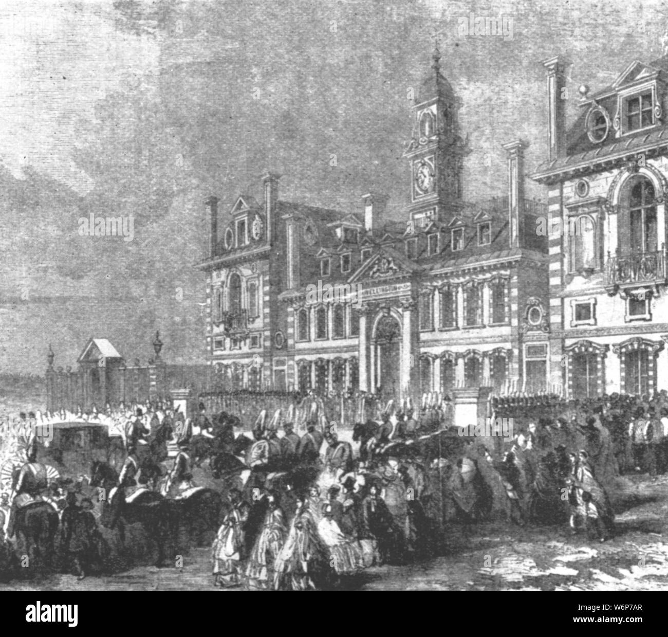 'Inauguration of Wellington College, Sandhurst: Arrival of Queen Victoria, January 29, 1859', (1901). Wellington College, a public school at Sandhurst in Berkshire, was founded by Queen Victoria and the Earl of Derby in 1859 as the national monument to the Duke of Wellington. From &quot;The Illustrated London News Record of the Glorious Reign of Queen Victoria 1837-1901: The Life and Accession of King Edward VII. and the Life of Queen Alexandra&quot;. [London, 1901] Stock Photo