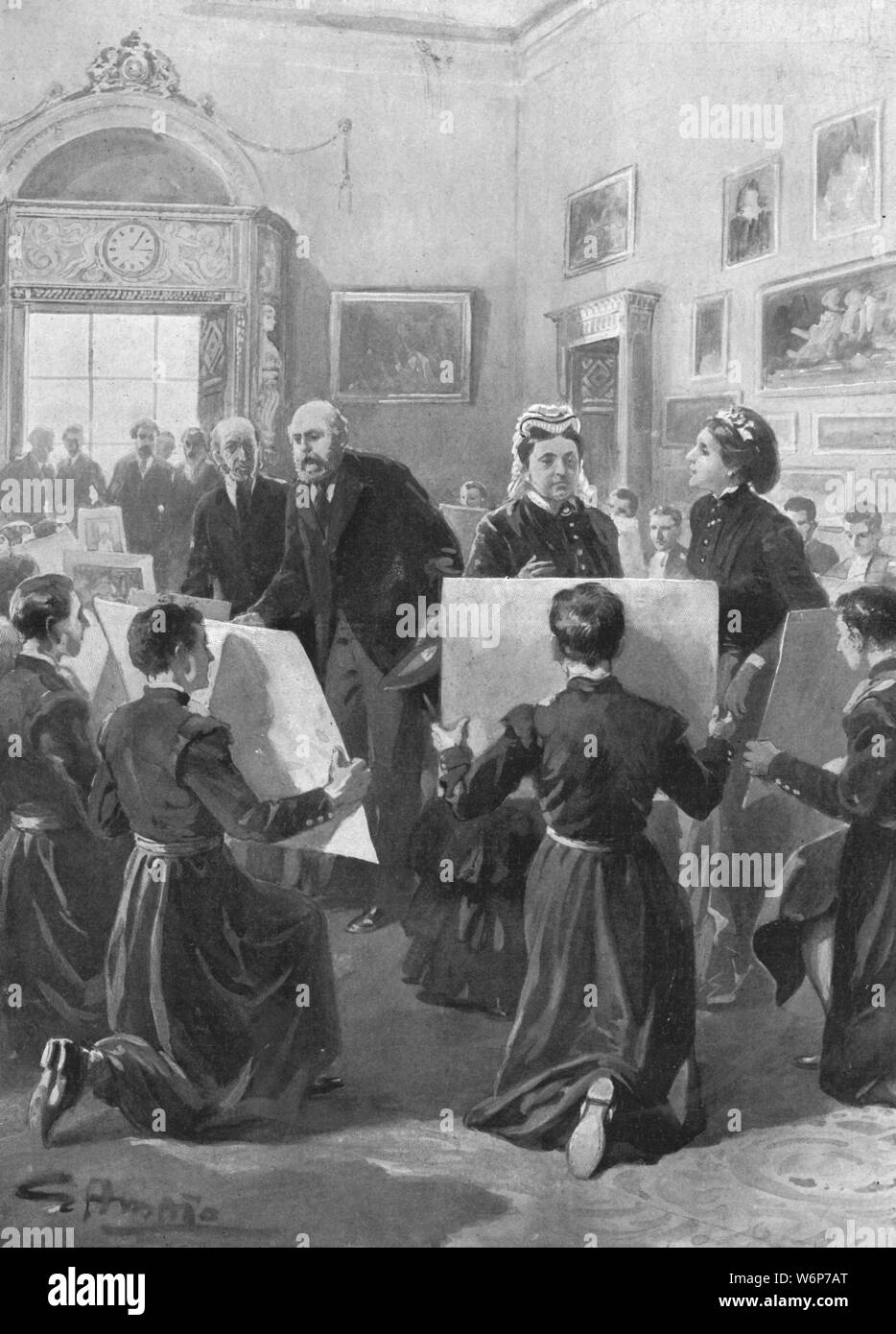 'Bluecoat Boys showing their drawings to Queen Victoria at Buckingham Palace, April 3, 1873', (1901). Queen Victoria (1819-1901) with pupils of Christ's Hospital School - known as Blue-Coat Boys after their Tudor uniform of belted blue coats - at the royal residence in London. From &quot;The Illustrated London News Record of the Glorious Reign of Queen Victoria 1837-1901: The Life and Accession of King Edward VII. and the Life of Queen Alexandra&quot;. [London, 1901] Stock Photo