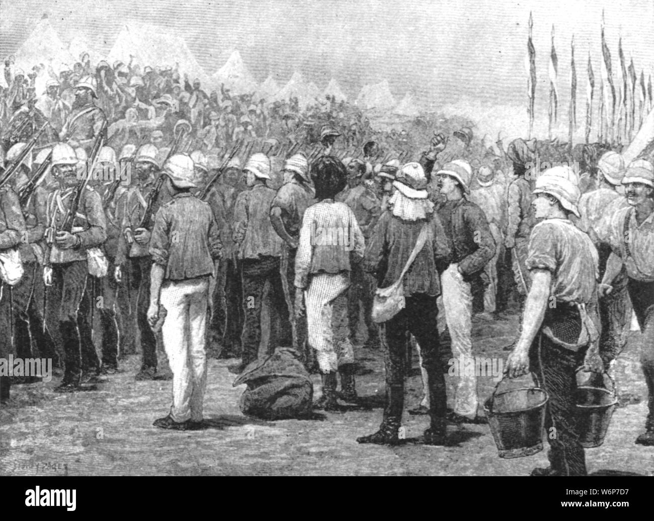 'Colonial Troops in the Soudan War, 1883-85: New South Wales Infantry Marching into Camp at Suakim, March 29, 1885', (1901). The Mahdist War (1881-1899) was fought between British forces and the Mahdist Sudanese army in the Sudan, east Africa. From &quot;The Illustrated London News Record of the Glorious Reign of Queen Victoria 1837-1901: The Life and Accession of King Edward VII. and the Life of Queen Alexandra&quot;. [London, 1901] Stock Photo