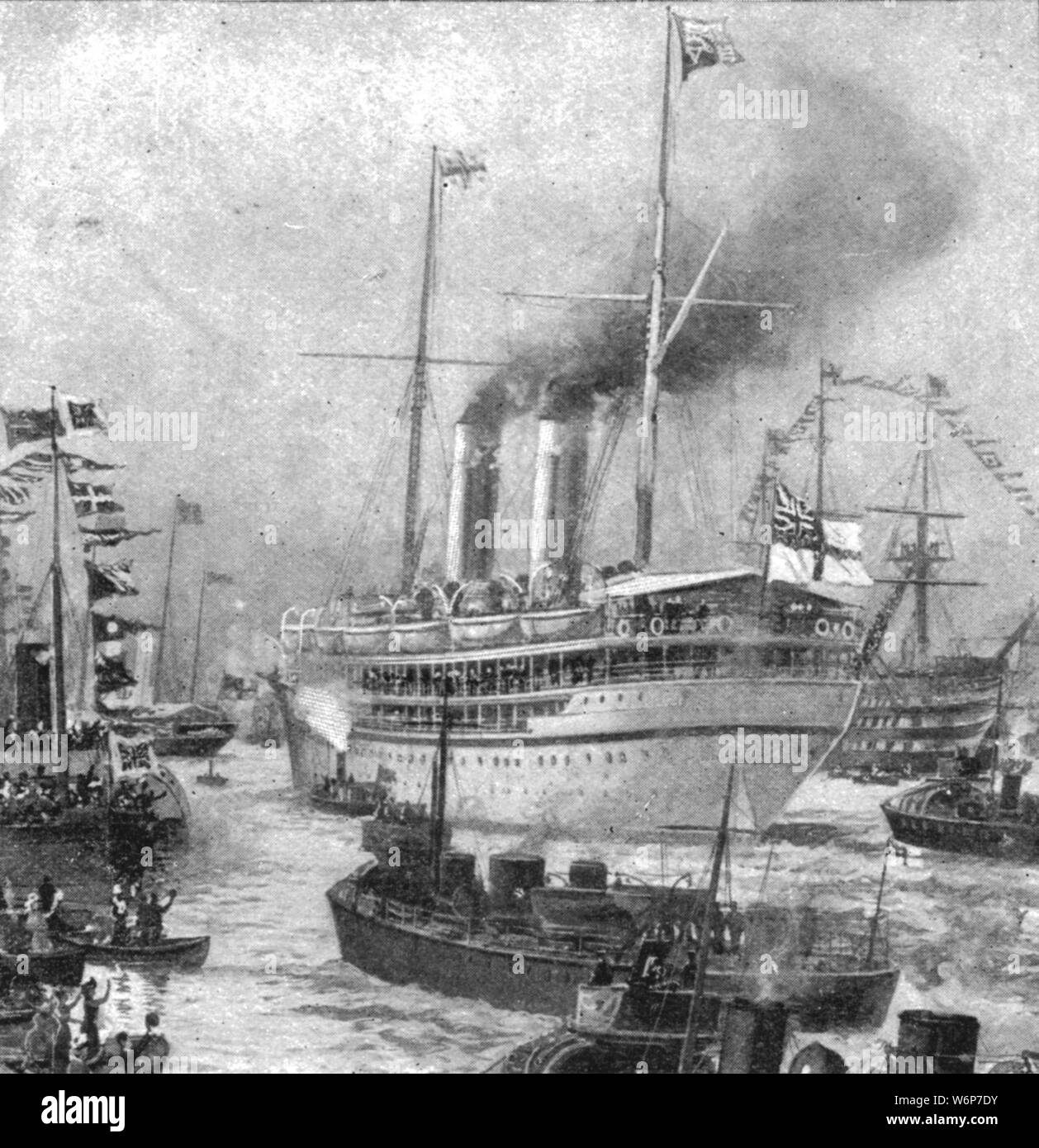 'The Duke of Cornwall and York's Colonial Tour, 1901: Departure of the 'Ophir' from Portsmouth, March 16', 1901. Ships are decorated with flags as crowds turn out to wave off the royal yacht HMS 'Ophir' as she leaves Portsmouth Harbour in Hampshire. The Duke of Cornwall and York (future King George V) and his wife Princess Victoria Mary of Teck (future Queen Mary) toured the British Empire, visiting Gibraltar, Malta, Port Said, Aden, Ceylon, Singapore, Australia, New Zealand, Mauritius, South Africa, Canada, and the Colony of Newfoundland. From &quot;The Illustrated London News Record of the G Stock Photo