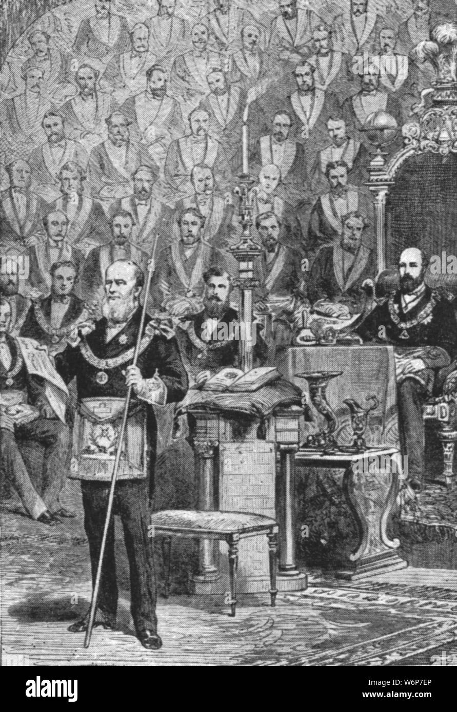 'The Prince of Wales' First Installation as Grand Master of the Freemasons, April 28, 1875', (1901). Prince Albert Edward (1841-1910 future King Edward VII, shown seated in the throne on the right), was Grand Master of the United Grand Lodge of England from 1874 until his accession to the throne in 1901. From &quot;The Illustrated London News Record of the Glorious Reign of Queen Victoria 1837-1901: The Life and Accession of King Edward VII. and the Life of Queen Alexandra&quot;. [London, 1901] Stock Photo