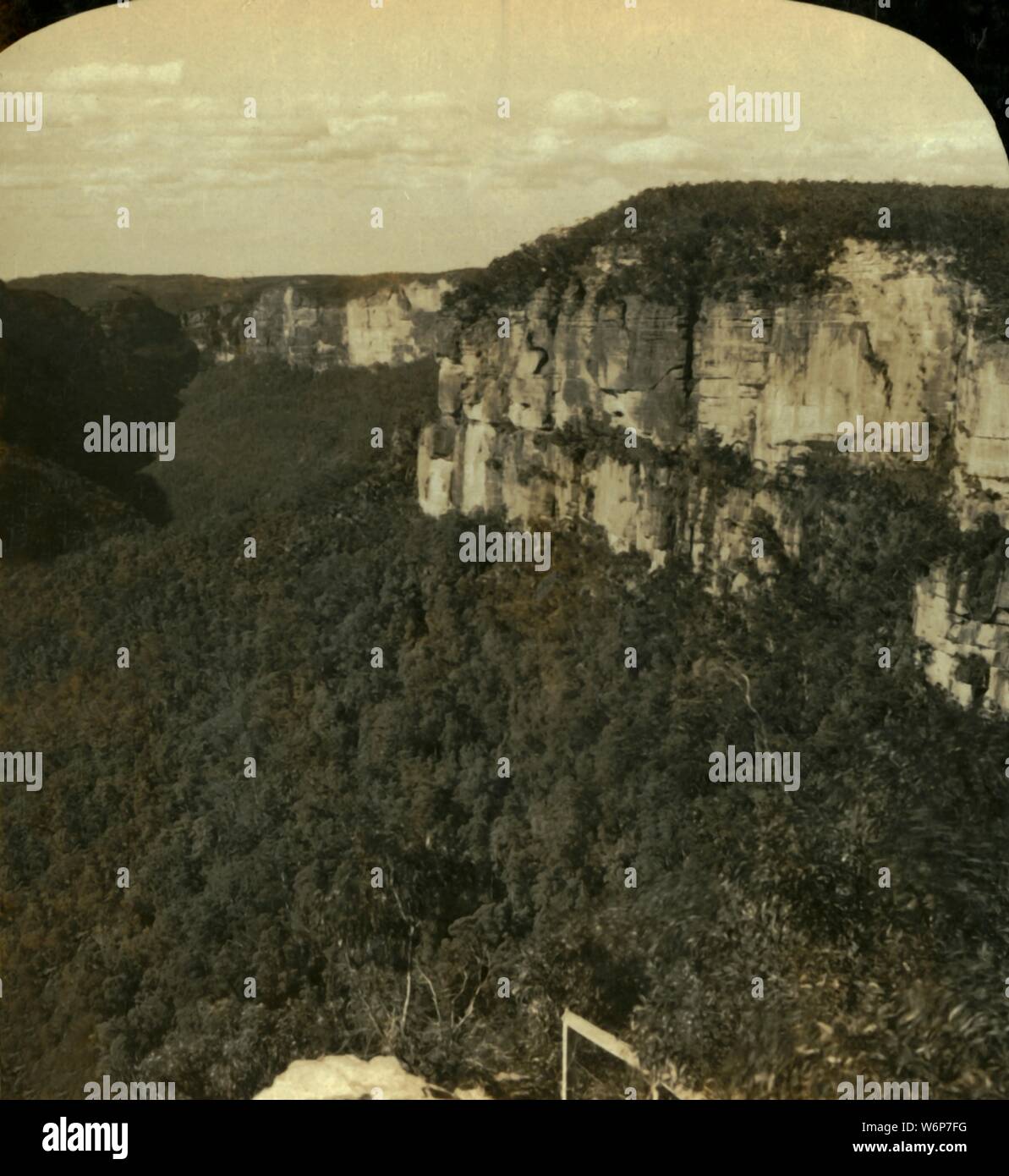 'The Grose Valley, Blue Mountains, N.S.W., Australia', 1909. 'Extensive view of the abrupt cliffs near Govett's Leap'. One of a set of stereocard views by George Rose, boxed as &quot;Studies through the Stereoscope&quot;, to be viewed on a Sun Sculpture stereoscope made by Underwood &amp; Underwood. [The Rose Stereograph Company, Melbourne, Sydney, Wellington &amp; London, c1909] Stock Photo