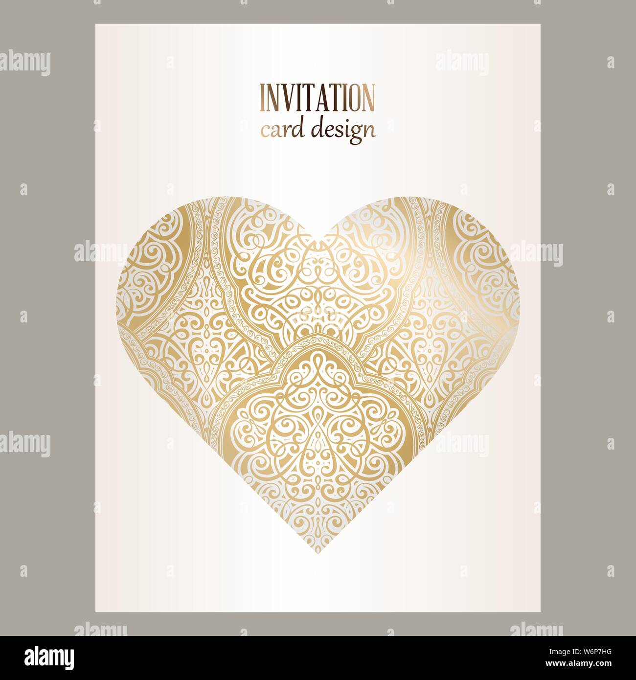 Wedding invitation card with gold shiny eastern and baroque rich foliage. Heart - shaped Ornate islamic background for your design. Islam, Arabic, Ind Stock Vector
