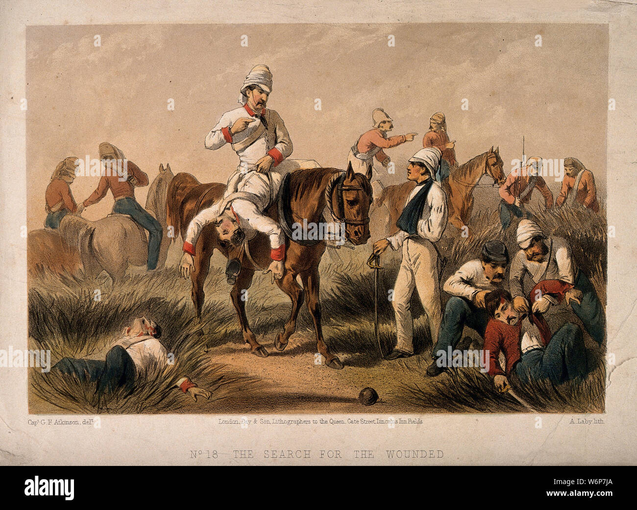 Indian Mutiny ambulancemen and soldiers searching for and assisting the wounded. Coloured lithograph by A. Laby, 1859, after G.F. Atkinson. Stock Photo