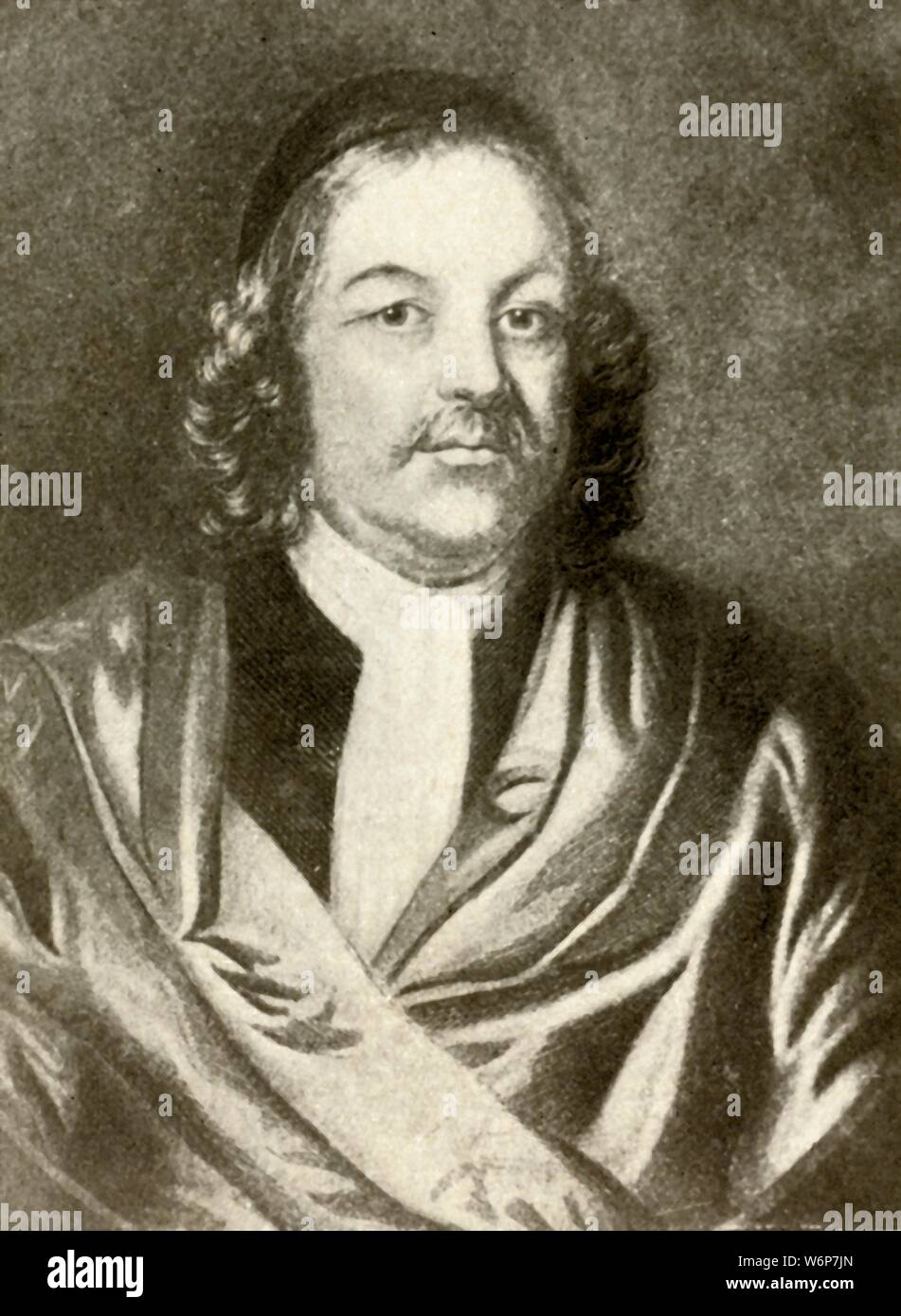 'Portrait of Simon Bradstreet, Judge and Governor of the Massachusetts Colony, in gown and cap, 1630-1679', c1640, (1937). Simon Bradstreet (1603-1697), colonial magistrate, businessman, diplomat, and the last governor of the Massachusetts Bay Colony.  From &quot;History of American Costume - Book One 1607-1800&quot;, by Elisabeth McClellan. [Tudor Publishing Company, New York, 1937] Stock Photo