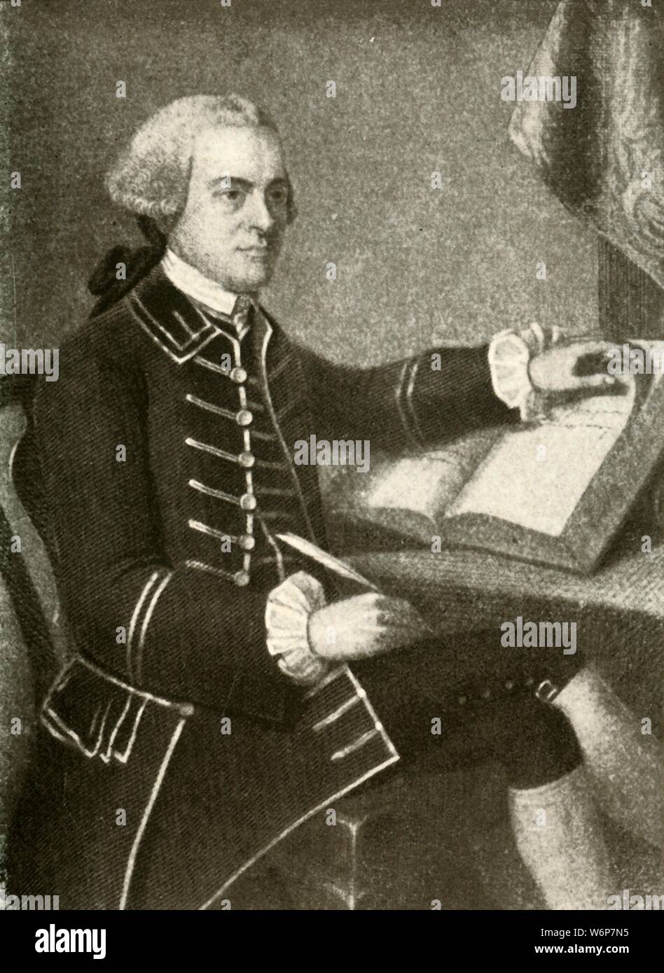 'Portrait of John Hancock, Governor of the Massachusetts Colony, showing coat with a turned-down collar and double pocket-flaps, reign of George III', c1780, (1937). John Hancock (1737-1793]  American merchant, statesman, and prominent Patriot of the American Revolution.  From &quot;History of American Costume - Book One 1607-1800&quot;, by Elisabeth McClellan. [Tudor Publishing Company, New York, 1937] Stock Photo