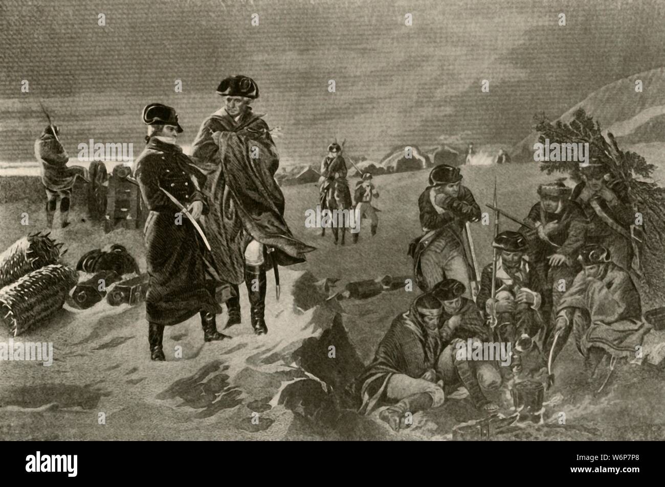 'Picture of the Camp at Valley Forge, showing military cloak and great coat worn by the officers and the Dutch blankets worn by the private soldiers', c1777, (1937). Valley Forge military encampment for the Continental Army was commanded by General George Washington. Troops spent the winter here from December 19, 1777 to June 19, 1778.  From &quot;History of American Costume - Book One 1607-1800&quot;, by Elisabeth McClellan. [Tudor Publishing Company, New York, 1937] Stock Photo